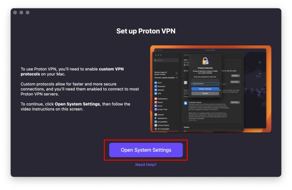 At our onboarding screen, click Open System Settings.