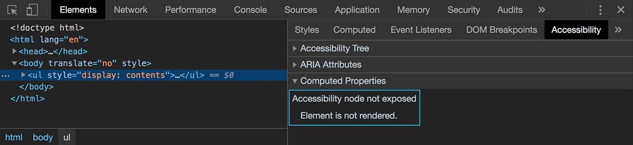 The accessibility panel in Chrome DevTools.