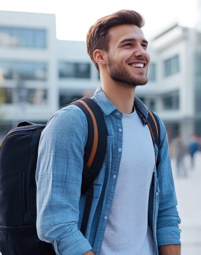A young man carrying a backpack smiles as he walks around in a university campus.