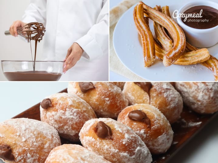 Scenes from Global Donuts cooking class – A collage showing churros with chocolate dipping sauce, hands whisking chocolate, and filled donuts dusted with sugar.
