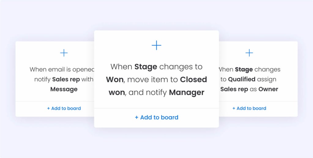You can save valuable time and keep customers updated by automating repetitive tasks, like automatically assigning leads to sales reps, getting notified when a customer opens an email survey, setting reminders for follow-up activities, and sending follow-ups based on elapsed time.