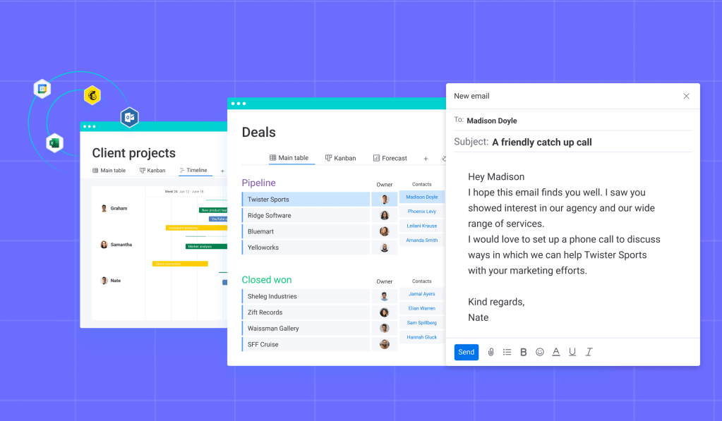 Auf dem Bild sind drei verschiedene Schnittstellen von monday.com zu sehen: eine Projektübersicht für Kundenprojekte, ein Deal-Board für Vertriebsaktivitäten und ein E-Mail-Editor, der für den Versand einer Nachricht an Madison Doyle vorbereitet ist, um ein freundliches Telefongespräch vorzuschlagen.