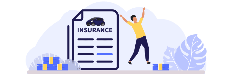 An illustration of a young man jumping for joy as he’s saving on car insurance.