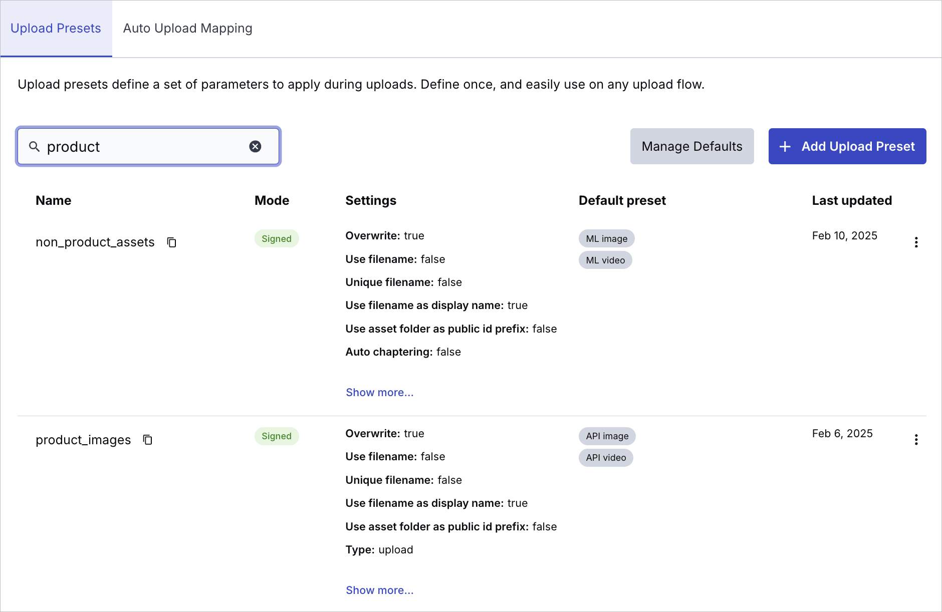 Upload Preset tab