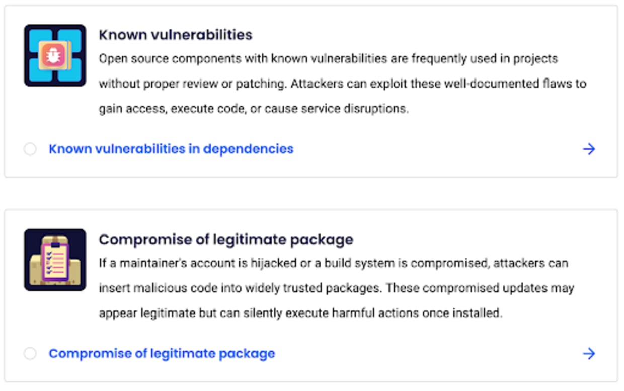 Two selectable topics: "Known vulnerabilities" discusses risks in unpatched open source components, and "Compromise of legitimate package" discusses risks from hijacked accounts or build systems. Each has an icon, description, and link.