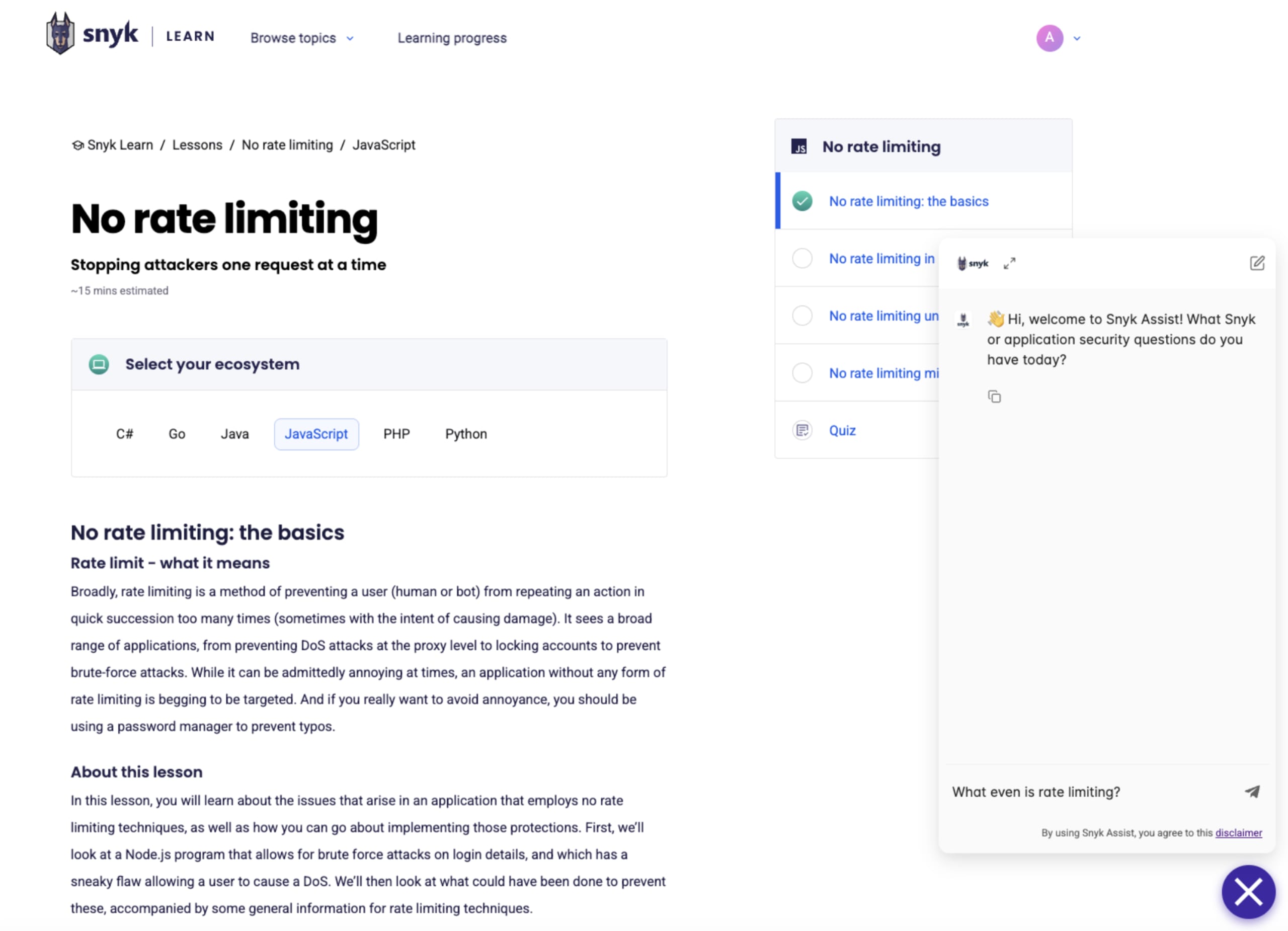 a screenshot of Snyk Assist within Snyk Learn